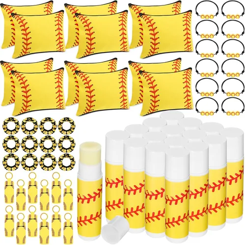 60 piezas de regalos de softbol regalos de fiesta de sóftbol con 12 coleteros 12 bolsas de maquillaje, 12 bálsamo labial, 12 llaveros para lápiz