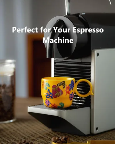 Miniatura 3 de Juego de 2 Tazas de Espresso Mini de Cerámica – 3 oz Tazas de Café Espresso Dobles con Asa en Q, Patrón Floral y de Frutas Amarillo, Pequeñas Tazas