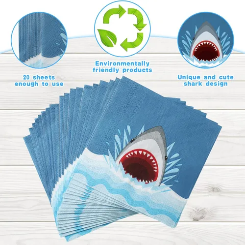 Miniatura 3 de Gersoniel 100 servilletas de papel de tiburón desechables con diseño de tiburón y océano, servilletas de papel para cócteles, bebidas, temática