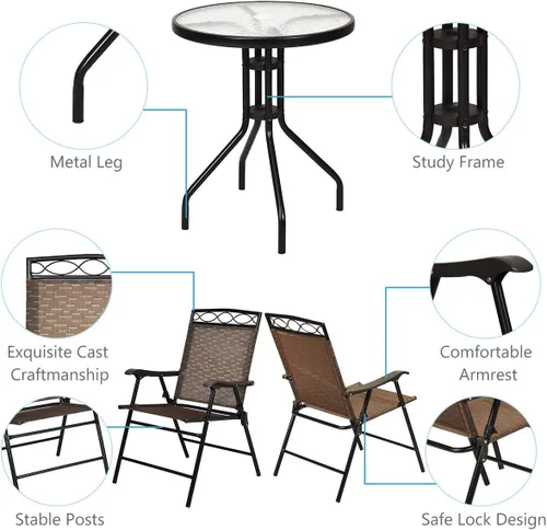 Miniatura 6 de S AFSTAR Juego de muebles de comedor de 3 piezas, mesa redonda de vidrio texturizado con agujero para paraguas, juego de conversación al aire libre