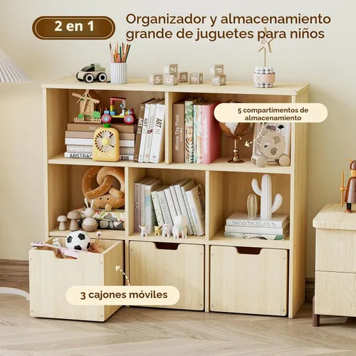 Miniatura 4 de EXPERLAM Organizador de almacenamiento de juguetes de madera de pino macizo, estantería para niños y organizador de juguetes con 3 cajones rodantes