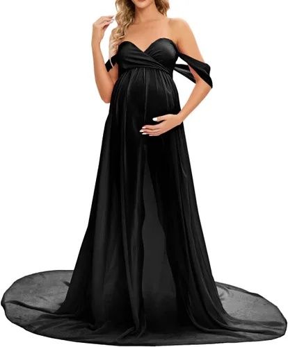 ZIUMUDY Vestido largo de gasa de maternidad para sesión de fotos, fotografía, hombros descubiertos, vestido de gasa transparente