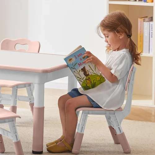 Miniatura 2 de DOREROOM Juego de mesa y 4 sillas para niños de altura ajustable, juego de mesa y silla para niños pequeños con superficie de graffiti, 31.5''L x