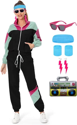 Miniatura 13 de Conjunto de traje de pista de bloque de color de los años 80, rompevientos de manga larga de los años 90, traje deportivo casual para mujer
