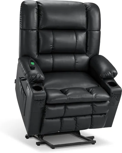 Miniatura 38 de MCombo Silla reclinable eléctrica de motor dual para adultos mayores, silla de elevación plana con calor y masaje, portavasos, puertos USB, piel