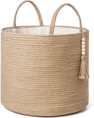 Miniatura 18 de Mkono Cesta Alta de Mimbre para Ropa Sucia Cesta de Almacenamiento Tejida Cesta Decorativa de Cuerda Natural Decoración de Cuentas de Madera