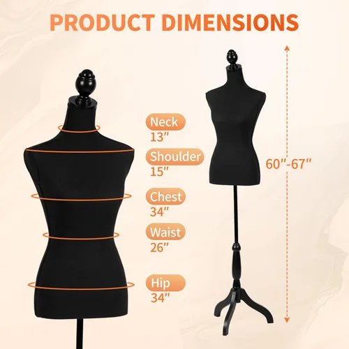 Miniatura 8 de FDW Maniquí 60"-67" de altura ajustable, modelo de vestido femenino, soporte de trípode para exhibición de torso y cuerpo, formas de ropa (negro)