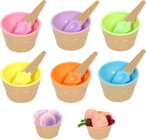 Hbaushun Paquete de 6 cuencos de plástico para helado con cucharas, tazas de helado de plástico reutilizables, juego de cuencos de crema de colores