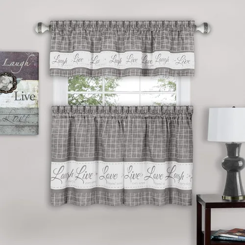 Miniatura 14 de Juego de cortinas con cenefa y volante para ventana - 58 pulgadas de ancho, 36 pulgadas de largo - Vive, Ama, Rie (Amarillo) - Cortinas de filtrado
