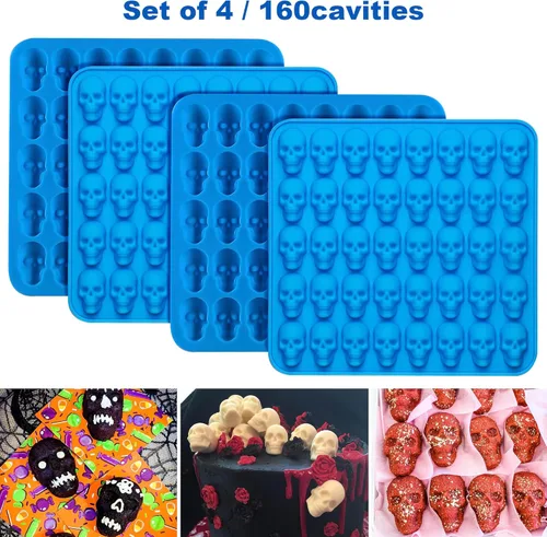 Miniatura 4 de Sidosir 4 moldes de chocolate con calavera de gomita, moldes de caramelo de calavera de gomita, moldes de silicona antiadherentes con 2 cuentagotas