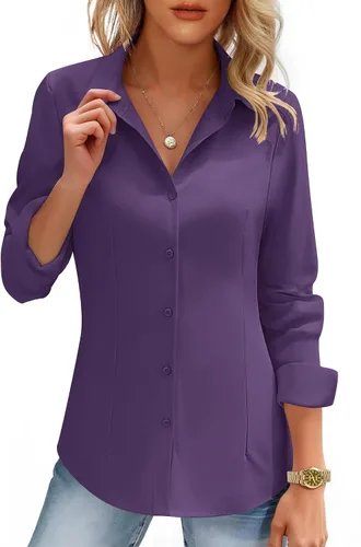 Miniatura 16 de HOTOUCH Camisas de mujer con botones de manga larga, camisa de vestir ajustada, blusas de trabajo, cuello, elegantes, casuales, de negocios
