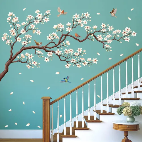 DECOWALL SG4-2213 Pegatinas de pared de árbol de flores orientales calcomanías blancas flor de cerezo despegar y pegar dormitorio sala de estar