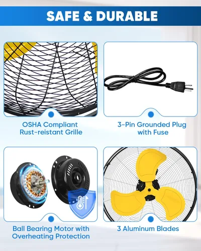 Miniatura 7 de KEN BROWN Ventilador de montaje en pared de 20 pulgadas o ventilador de piso de 5000 CFM, ventilador industrial de alta velocidad con doble rotación