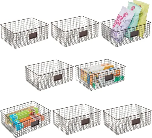 mDesign Organizador ancho de acero con cable con ranura para etiquetas para despensa de cocina, gabinete, soporte organizador para alimentos,