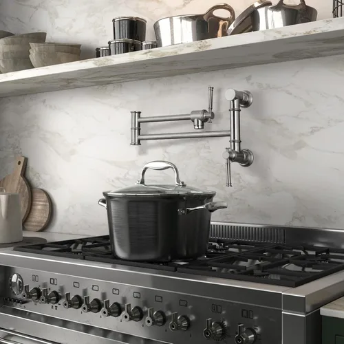 Miniatura 2 de Lava Odoro PF312-BN - Grifo de llenado de ollas de níquel cepillado, moderno de dos accesorios, montaje en pared, grifo de cocina plegable de dos