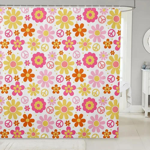 Miniatura 32 de Cortina de baño de flores de margarita para niños y niñas, cortina de ducha floral para decoración de baño, 72 x 72 pulgadas, retro, floral