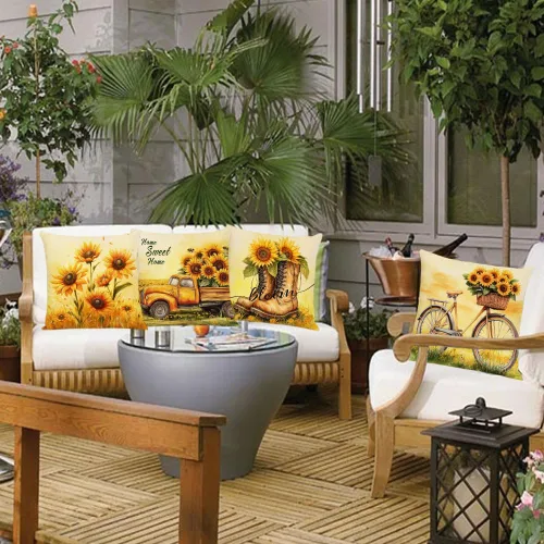 Miniatura 7 de Juego de 4 fundas de almohada decorativas de girasol de 12 x 12 pulgadas, fundas de almohada cuadradas de lino, fundas de almohada cuadradas de lino