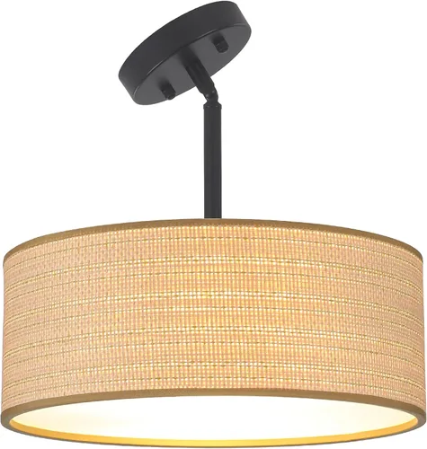 Miniatura 8 de Rattan Sloped Ceiling Light, 16.53" Woven Semi Flush Mount Boho Fabric Drum Shade, Pendant Lighting, for Dining Room, Foyer, Living Room, Hallway