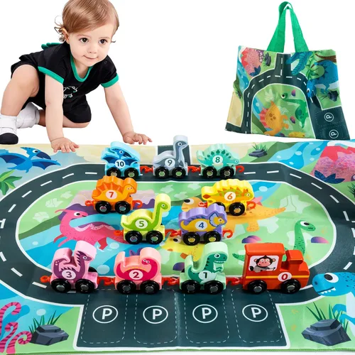 Juguetes de dinosaurio para niños pequeños de 2 a 4 años, juego de tren de dinosaurio de madera con tapete de juego/bolsa de almacenamiento,