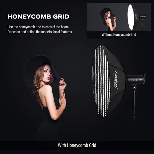Miniatura 4 de Godox Reflector de softbox octágono FW de 47 pulgadas/120cm con rejilla de panal y bolsa para flash de luz rápida (montaje Bowens)