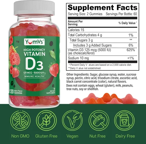 Miniatura 2 de YUM-V'S Gomitas de vitamina D3 de 5000 UI 125mcg D3 - Apoya el apoyo inmunológico, fuerte salud ósea, sin OMG, sin gluten, sin lácteos, gomitas