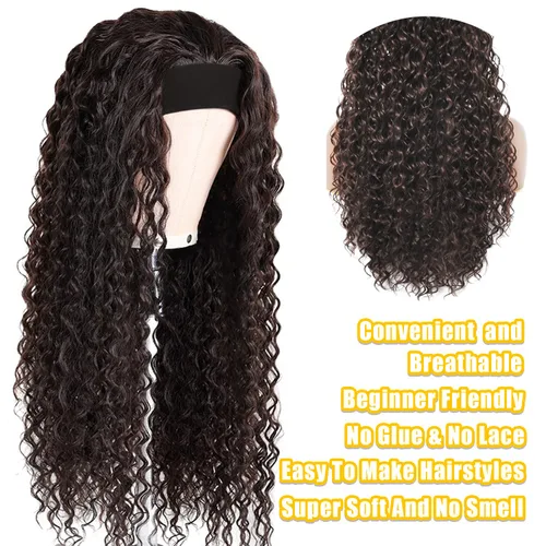 Miniatura 16 de Peluca de cabello humano con diadema de ondas profundas, sin pegamento, pelucas de cabello rizado sin encaje frontal, pelucas de cabello humano