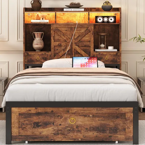 Miniatura 14 de TIGUBFRE Base de cama individual con cabecera de almacenamiento, marco de cama de madera de granja tamaño individual con 3 cajones, luz LED