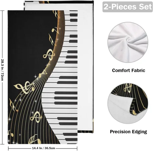 Miniatura 2 de Juego de 2 toallas de mano con notas musicales doradas para baño, piano blanco y negro, toallas de cocina decorativas absorbentes de microfibra