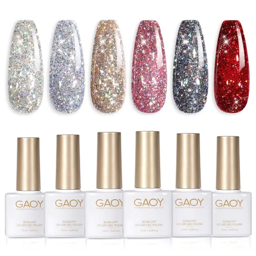 Miniatura 9 de GAOY Juego de Esmalte de Uñas con Purpurina Cromado Platino, 6 Colores Incluyendo Esmalte en Gel Brillante Resplandeciente UV LED Removible Negro