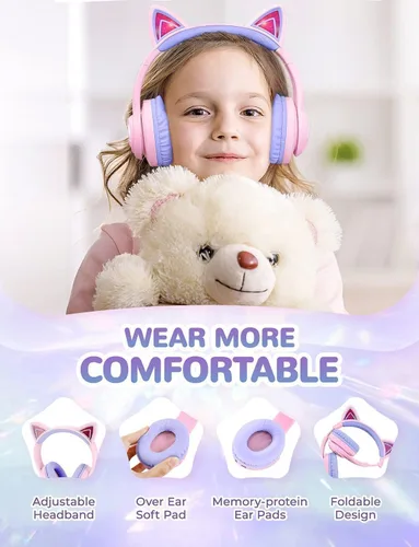 Miniatura 6 de iClever Cat Ear - Auriculares Bluetooth para niños, luces LED que se iluminan, volumen seguro limitado de 74/85 dBA, tiempo de reproducción de 50