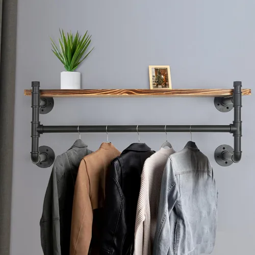 Miniatura 4 de WEBI Perchero de pared con estante, perchero industrial de 24 pulgadas con estantes, barra de ropa de hierro resistente, barra de ropa de exhibición