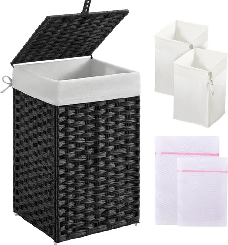 Greenstell - Cesta de ropa con tapa, 60 l, con 2 bolsas extraíbles y 2 bolsas de malla, cesto de ratán sintético tejido a mano para ropa, juguetes