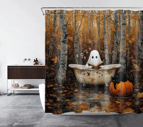 Miniatura 8 de LB Cortina de ducha de otoño para baño, divertido gato negro con fantasma en la bañera en el bosque de otoño, cortina de ducha de tela de cosecha