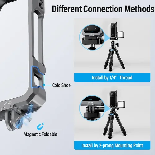 Miniatura 6 de SIRUI Jaula de cámara para Insta360 X3, funda protectora de aluminio para Insta360 X3 con cubierta de lente, dedos plegables, rosca de 1/4 pulgadas