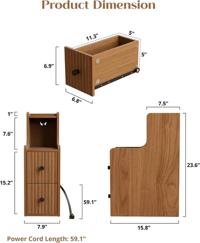 Miniatura 2 de Mesa auxiliar estrecha con estación de carga, mesitas de noche pequeñas, mesita de noche moderna de mediados de siglo con almacenamiento, mesa