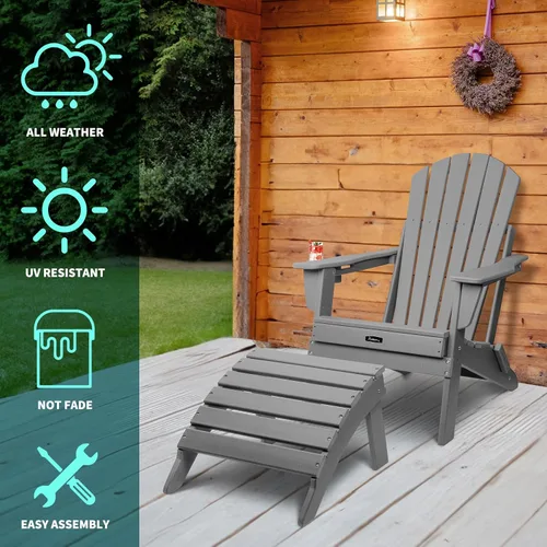 Miniatura 9 de FUNBERRY Otomana Adirondack plegable, HDPE para todo tipo de clima, reposapiés de patio de fácil almacenamiento, otomanas y reposapiés para Gris