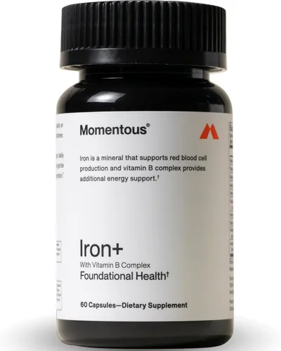 Momentous Iron+ con vitamina C y complejo de vitamina B, cápsulas de hierro Ferrochel para apoyo fundamental de la salud, certificado NSF para el