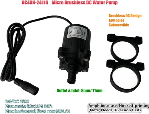 Miniatura 2 de SHYSKY DC40H-24110 Micro bomba de agua a presión sin escobillas, bomba de agua sumergible, 24V 28W, elevación 36.1 ft 39ft, 118GPH, trabajo seguro