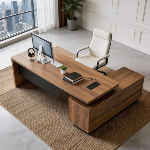 Miniatura 4 de Escritorio ejecutivo retráctil en forma de L, moderno escritorio de oficina con cajones de bloqueo y archivador, escritorio grande para computadora