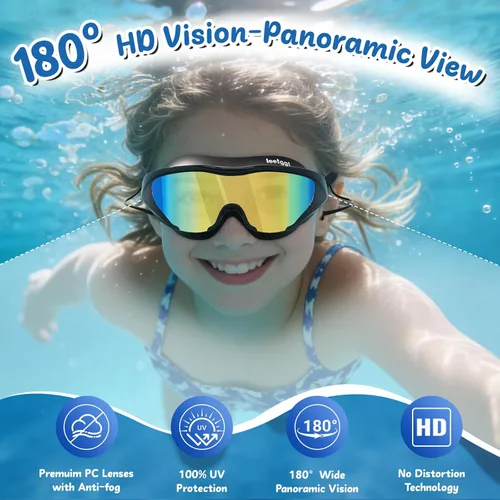 Miniatura 4 de Gafas de natación anti niebla UV para niños de 6 a 14 años, paquete de 2 gafas de natación para niños con tapones para los oídos adjuntos Dorado-azul