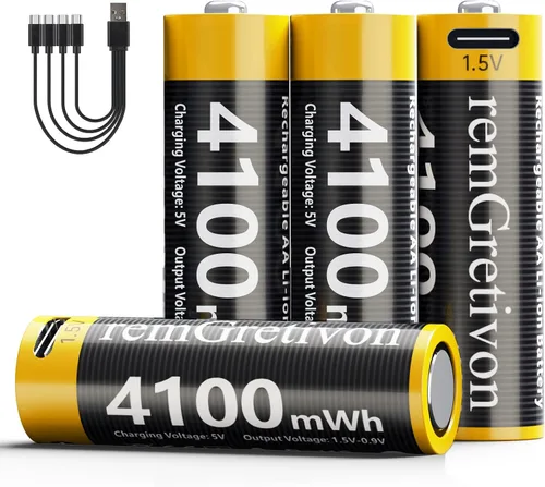 Paquete de 4 baterías AA recargables USB C, batería de iones de litio de salida constante de 4100 mWh, 1.5 V, carga rápida de 2.5 horas, baterías