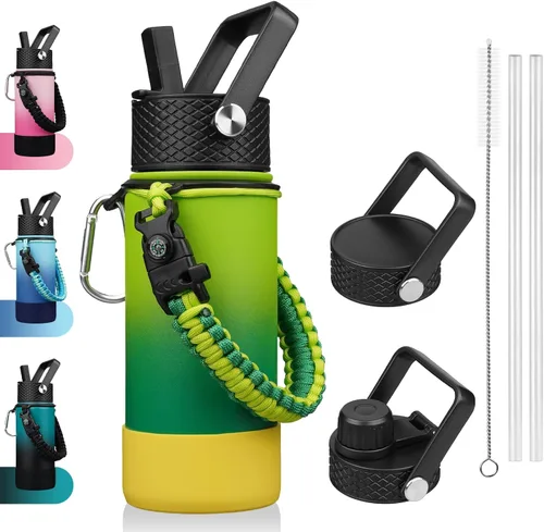 Miniatura 18 de BJPKPK - Botella de agua con tapa de popote, botellas de agua aisladas de 18 onzas con 3 tapas, asa de cuerda de paracaídas y base antideslizante