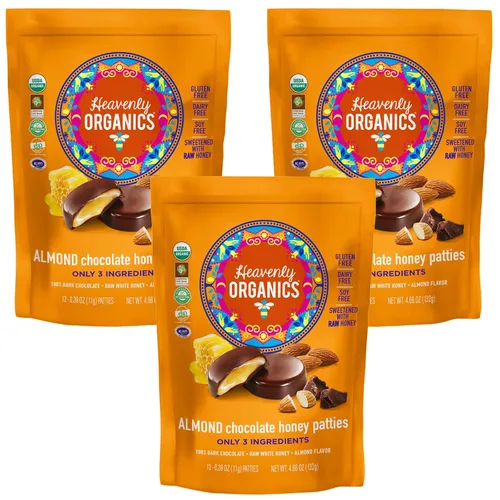 Heavenly Organics Empanadas de miel de chocolate y almendras, hechas con cacao 100% orgánico y miel blanca cruda 100% orgánica; sin OMG, comercio