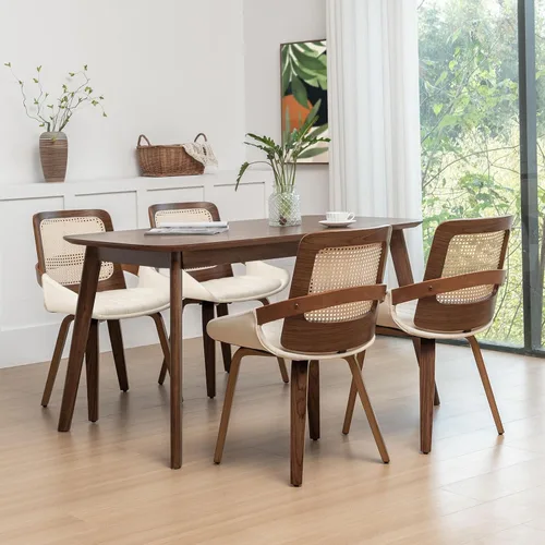 Miniatura 14 de Sillas de comedor de caña – Sillas de comedor modernas de mediados de siglo con marco de madera curvada de nogal, respaldo ergonómico de ratán
