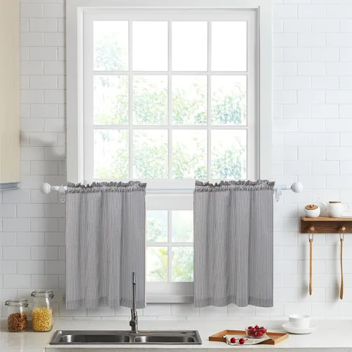Miniatura 24 de Cortinas de nivel de algodón July Joy de 24 pulgadas de largo, cortinas de cocina de estilo rústico, bolsillo para barra para ventana pequeña