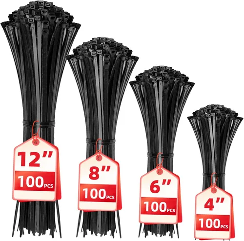 Bridas para cables, paquete de 400 unidades, color negro, varios tamaños, 12+8+6+4 pulgadas, gestión de cables de nailon autobloqueante multiusos,