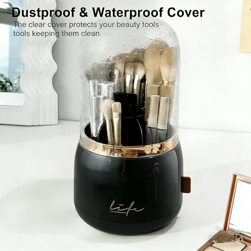 Miniatura 6 de Soporte giratorio para brochas de maquillaje con tapa, organizador de maquillaje transparente a prueba de polvo para encimera de tocador, incluye un