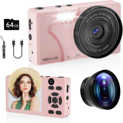 Cámara de vlogging 4K de 64 MP, cámara digital de enfoque automático rápido de 64 GB con doble cámara, lente ancha, batería de 2000 mAh y zoom