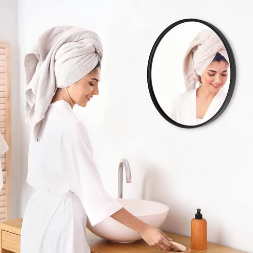 Miniatura 7 de ZenStyle Espejo de pared circular de 18 pulgadas, color negro, espejo de baño con marco de metal grande con ganchos prefijados para un fácil