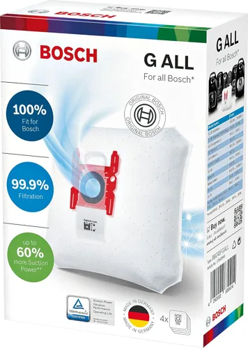 Bosch 4 bolsas para aspiradora PowerProtect Tipo G ALL BBZ41FGALL, 99.9% filtrado de polvo fino, 50% más de vida útil, adecuadas para todas las